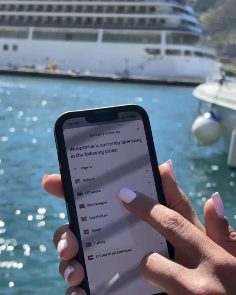 WoopDrive available countries screen in Kotor cruise port